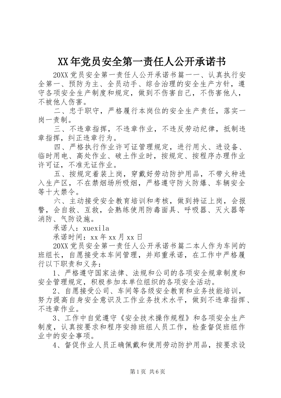 2024年党员安全第一责任人公开承诺书_第1页