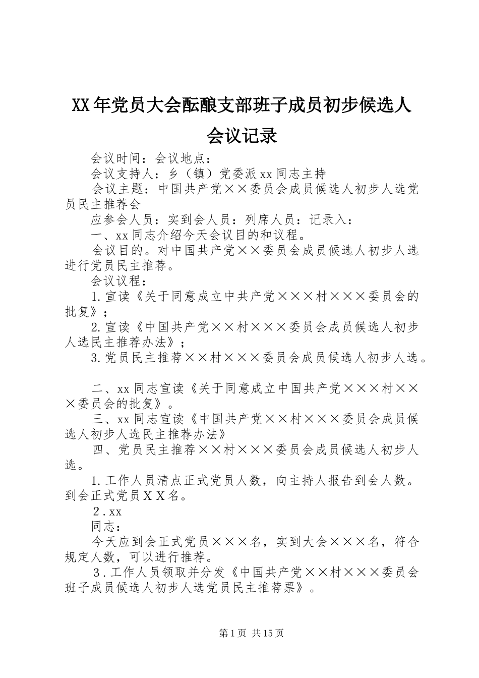 2024年党员大会酝酿支部班子成员初步候选人会议记录_第1页