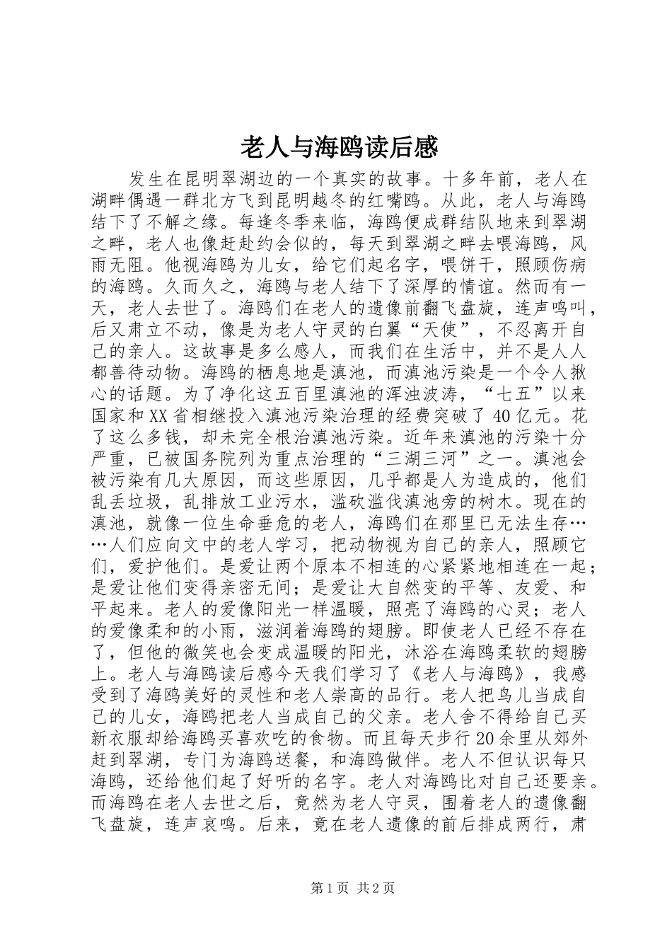 2024年老人与海鸥读后感_第1页
