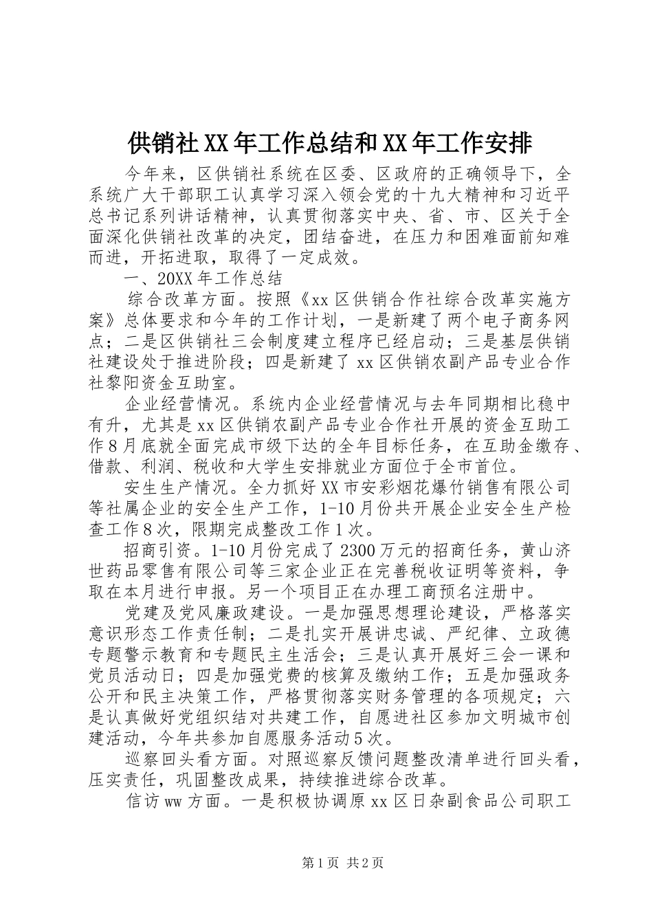 2024年供销社工作总结和工作安排_第1页