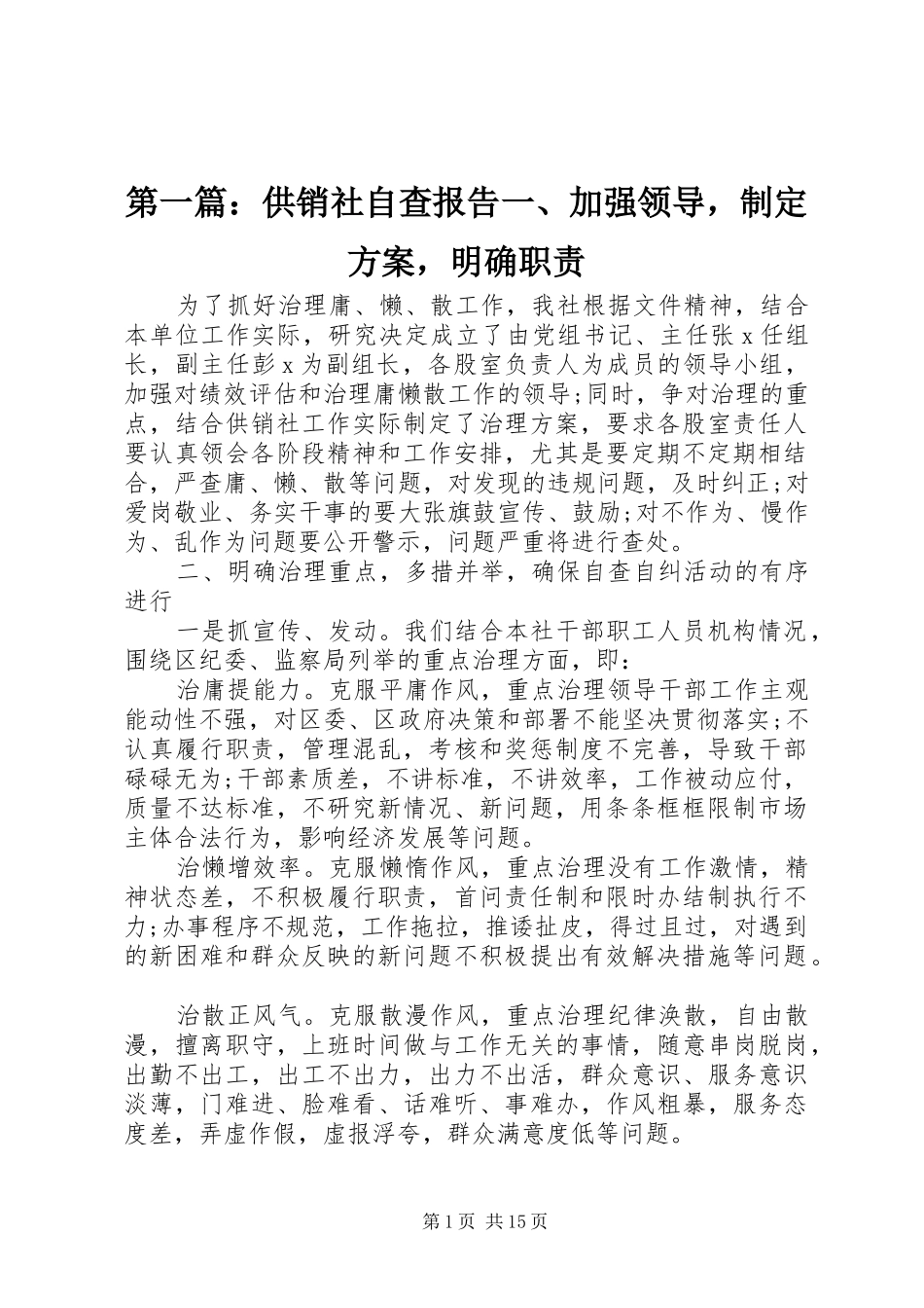 2024年供销社自查报告一加强领导，制定方案，明确职责_第1页
