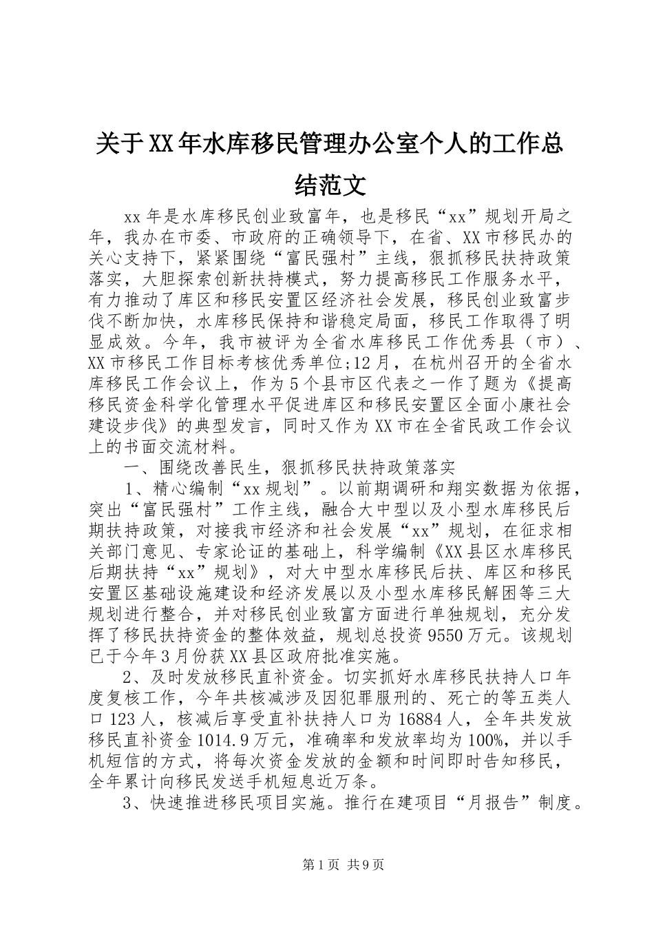 2024年关于水库移民管理办公室个人的工作总结范文_第1页