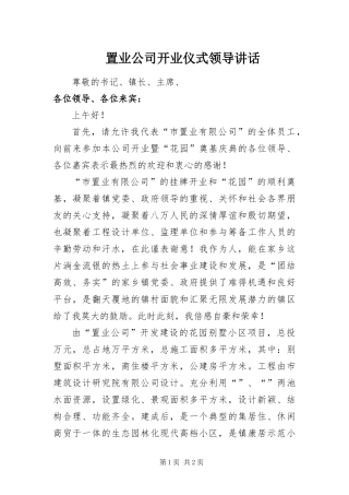 2024年置业公司开业仪式领导致辞