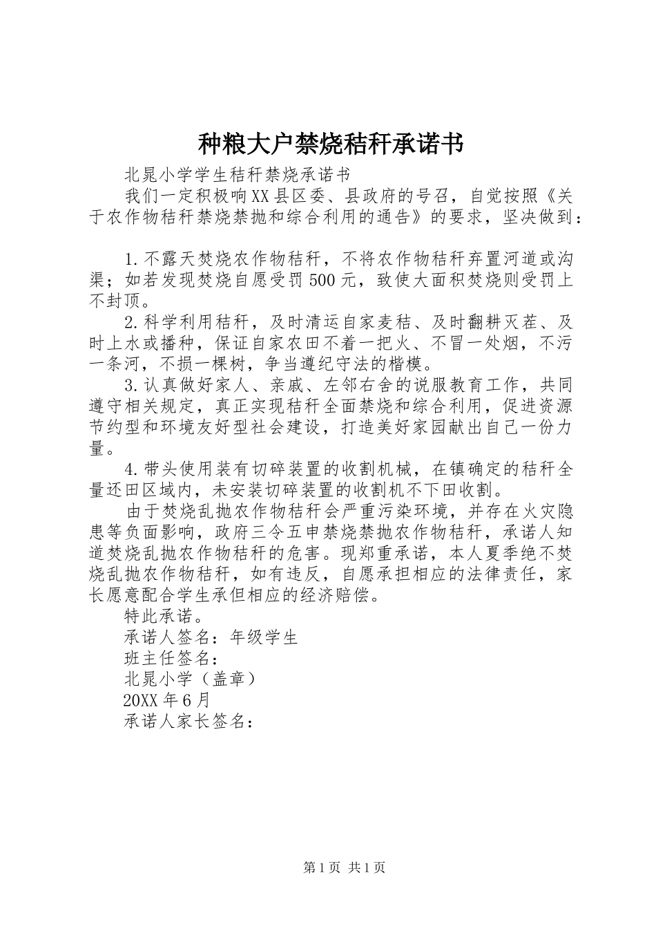 2024年种粮大户禁烧秸秆承诺书_第1页