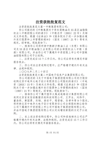 2024年注资获批批复范文
