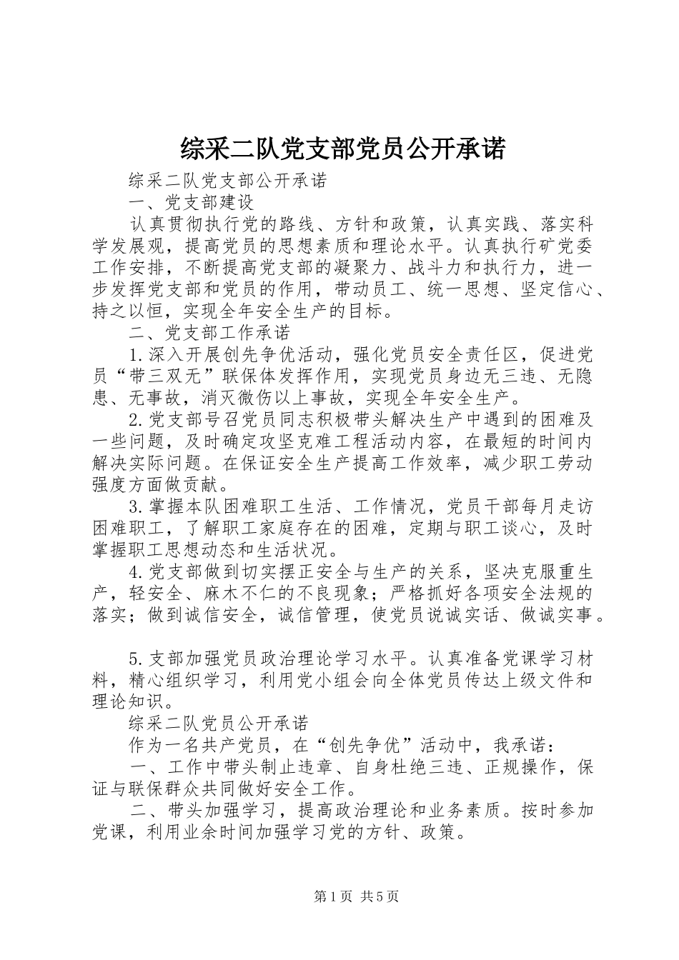 2024年综采二队党支部党员公开承诺_第1页