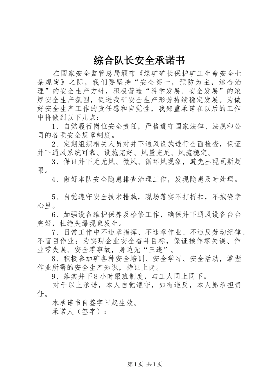 2024年综合队长安全承诺书_第1页