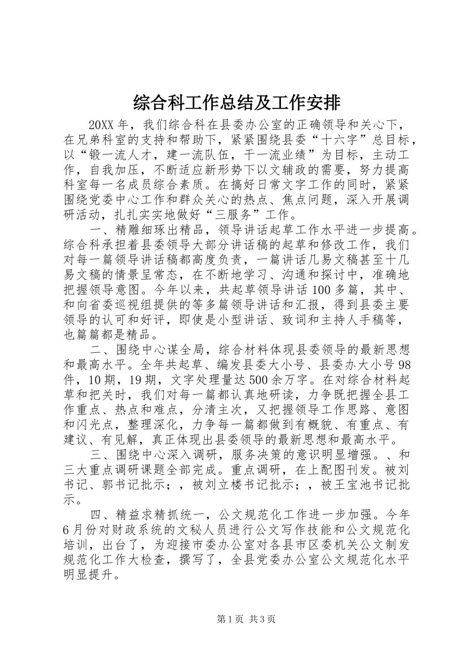 2024年综合科工作总结及工作安排_第1页