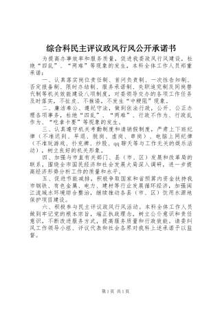 2024年综合科民主评议政风行风公开承诺书