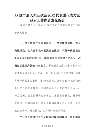 2024年区二届人大三次会议代表团代表对区政府工作报告意见综合