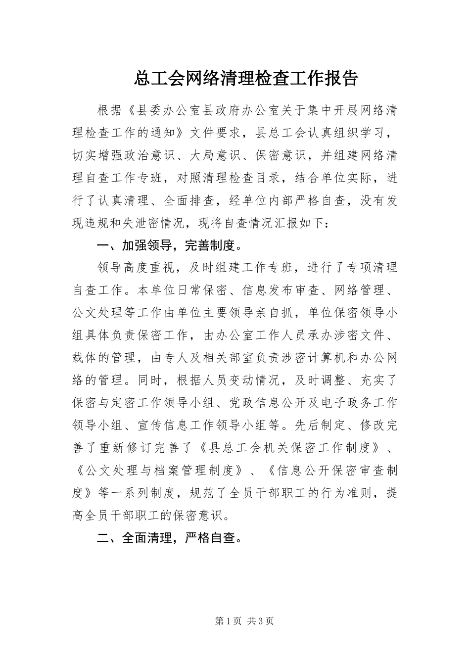 2024年总工会网络清理检查工作报告_第1页
