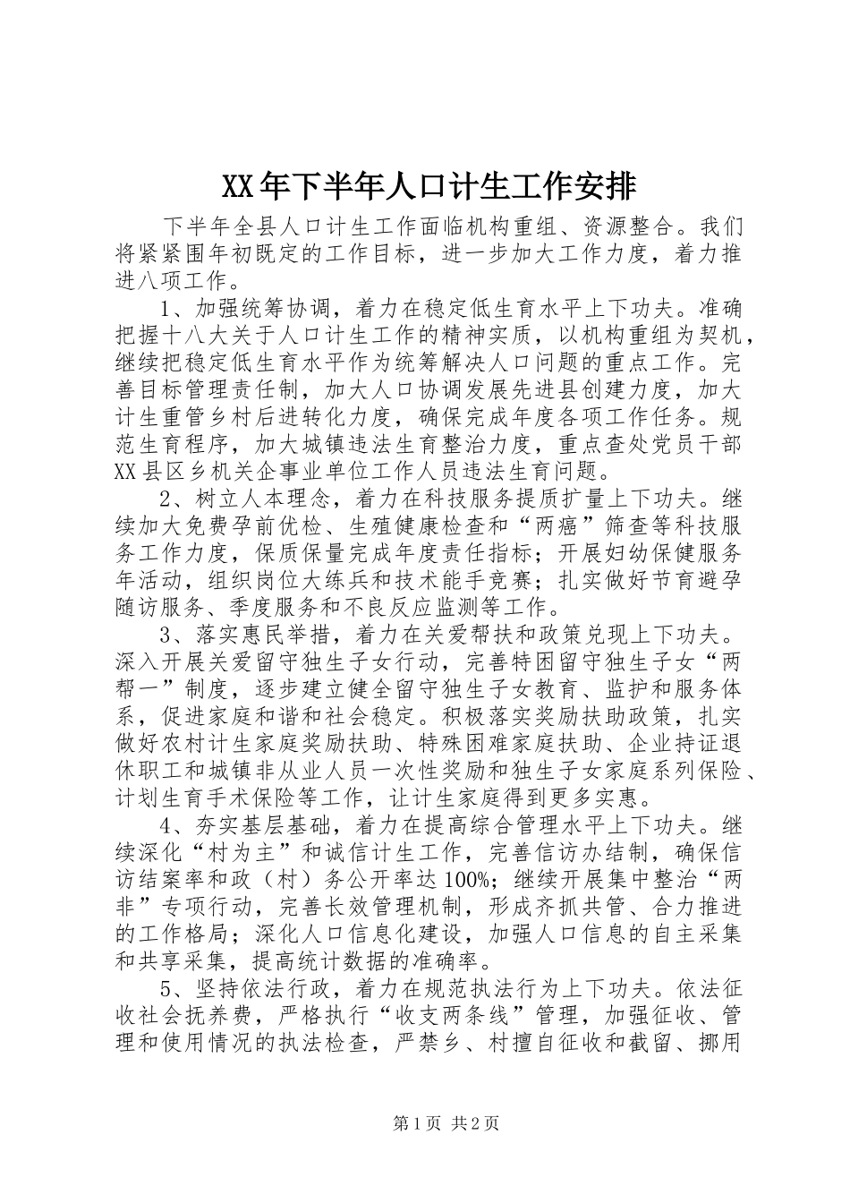 2024年下半年人口计生工作安排_第1页