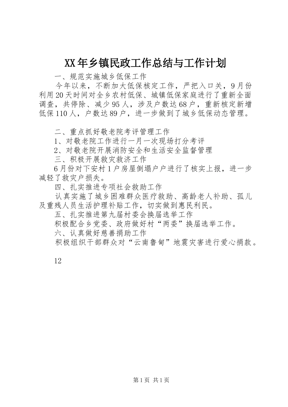 2024年乡镇民政工作总结与工作计划_第1页