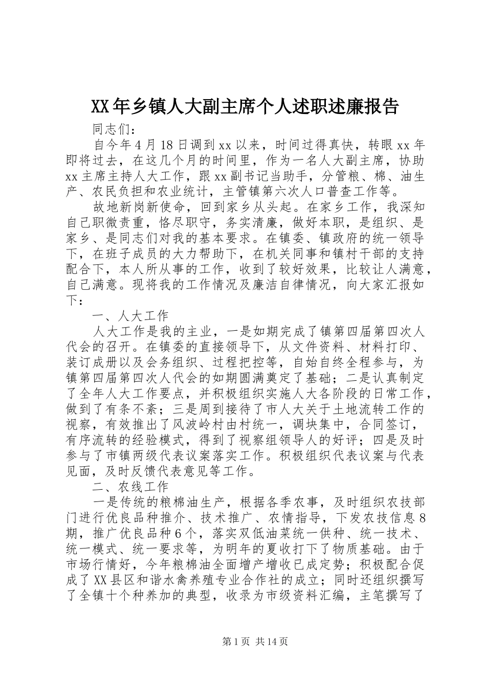 2024年乡镇人大副主席个人述职述廉报告_第1页