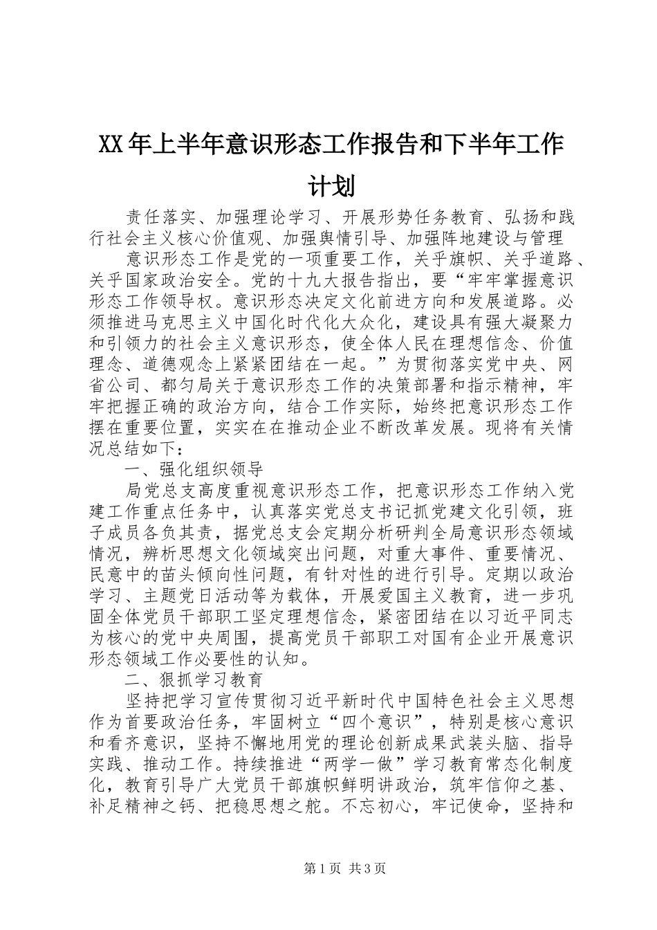 2024年上半年意识形态工作报告和下半年工作计划_第1页