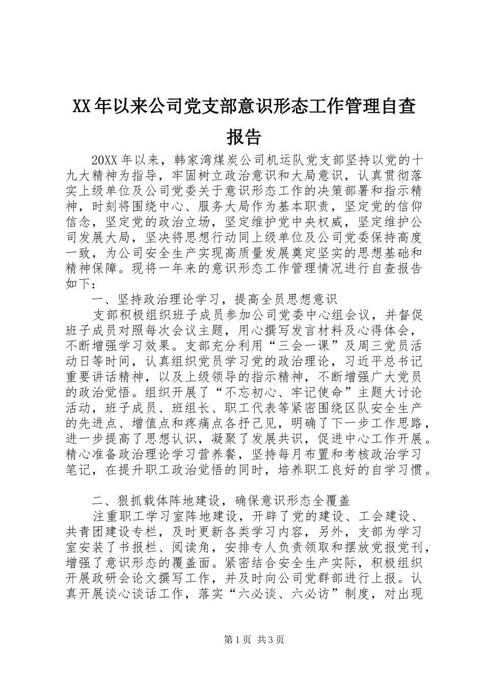 2024年以来公司党支部意识形态工作管理自查报告_第1页
