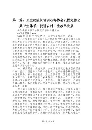 2024年卫生院院长培训心得体会巩固完善公共卫生体系，促进农村卫生改革发展