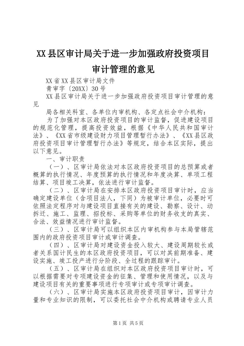 2024年县区审计局关于进一步加强政府投资项目审计管理的意见_第1页