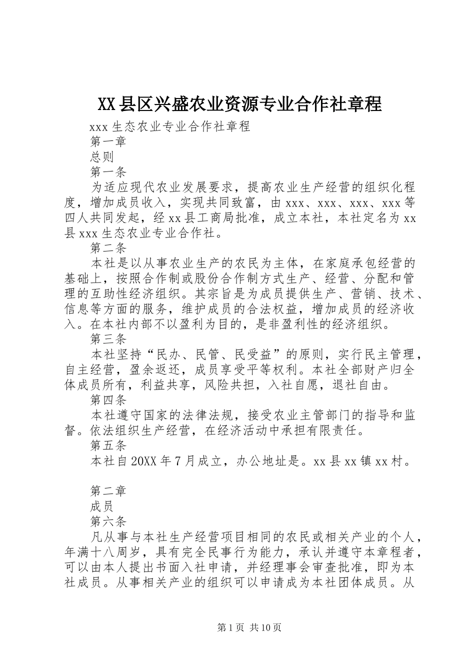 2024年县区兴盛农业资源专业合作社章程_第1页