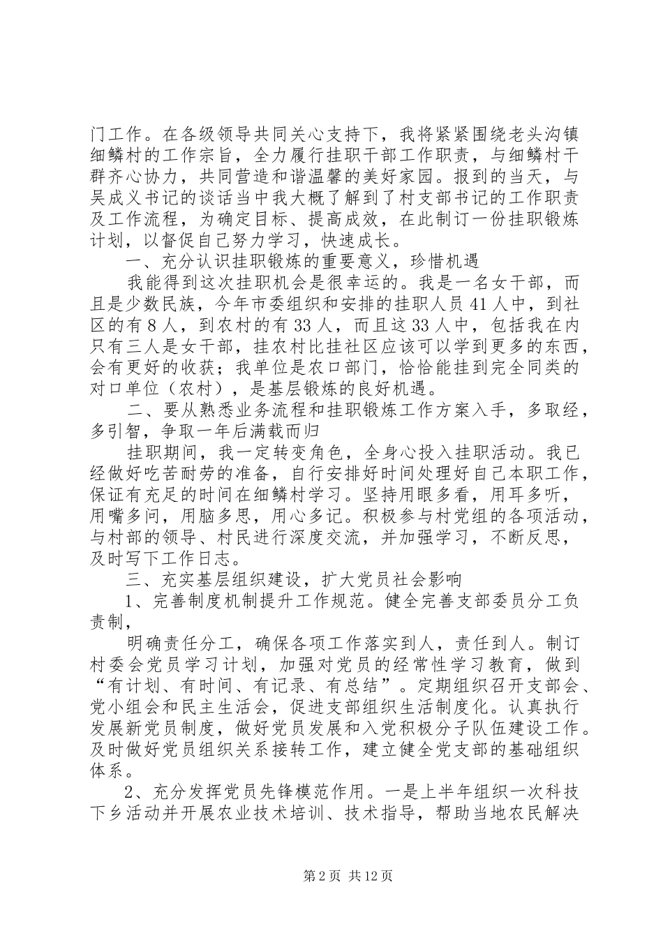 2024年乡镇挂职锻炼工作计划尊敬的孙部长各位领导同志们_第2页