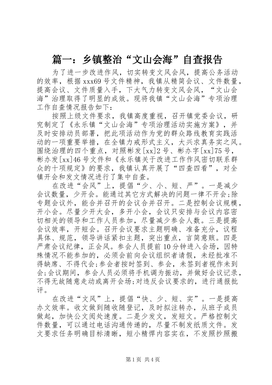 2024年乡镇整治文山会海自查报告_第1页