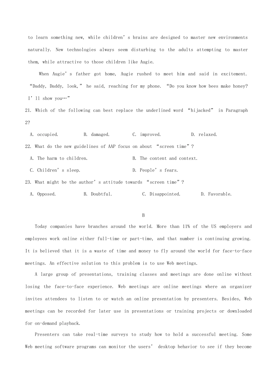 高考英语 新题型套餐练 01 完形填空阅读理解七选五（1）-人教版高三英语试题_第3页
