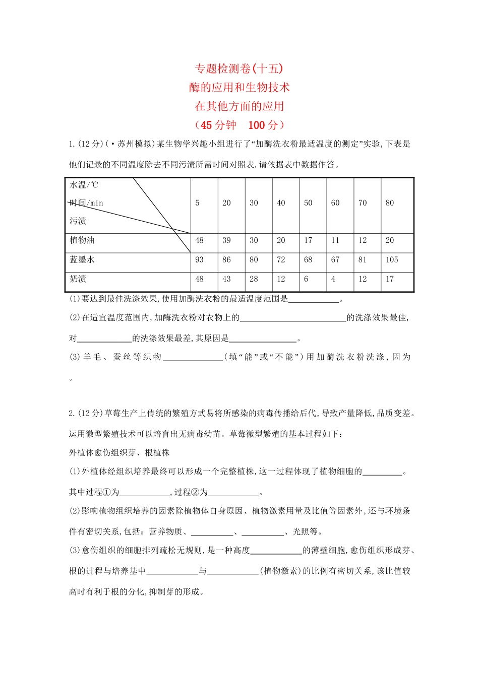 高考生物 专题辅导与训练八 第2讲酶的应用和生物技术在其他方面的应用_第1页