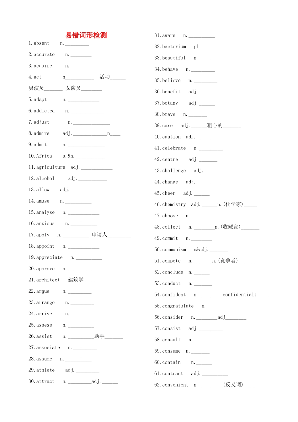 高考英语一轮复习 词汇易错词形检测-人教版高三英语试题_第1页