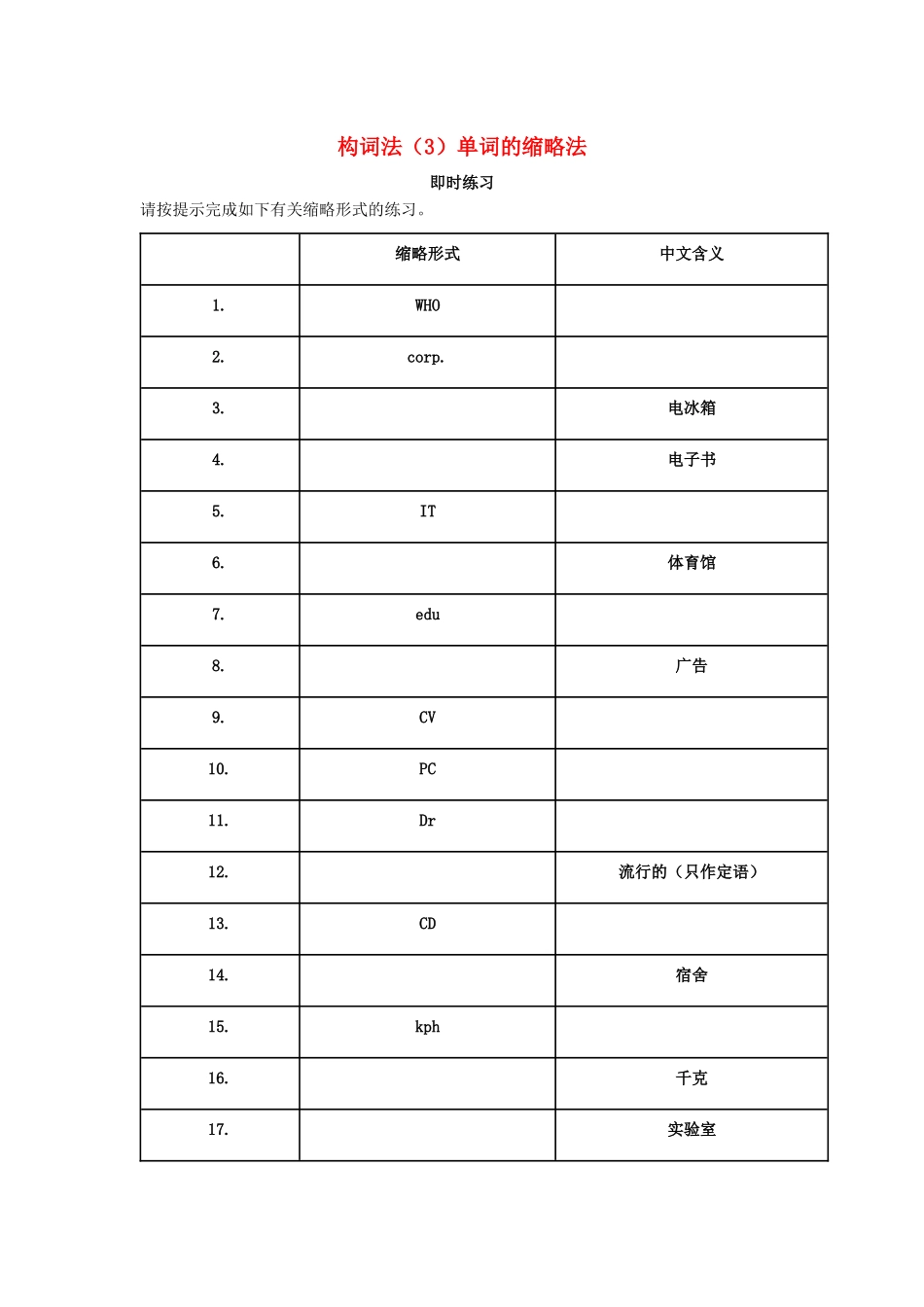 高考英语一轮复习 构词法（3）单词的缩略法-人教版高三英语试题_第1页