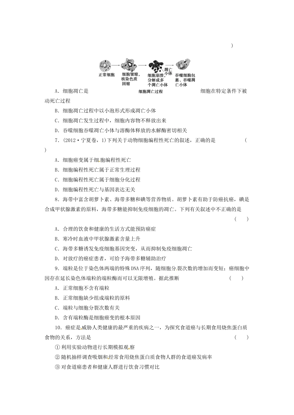 高三生物二轮测试题 细胞的分化、衰老、凋亡和癌变 新人教版必修1 _第2页