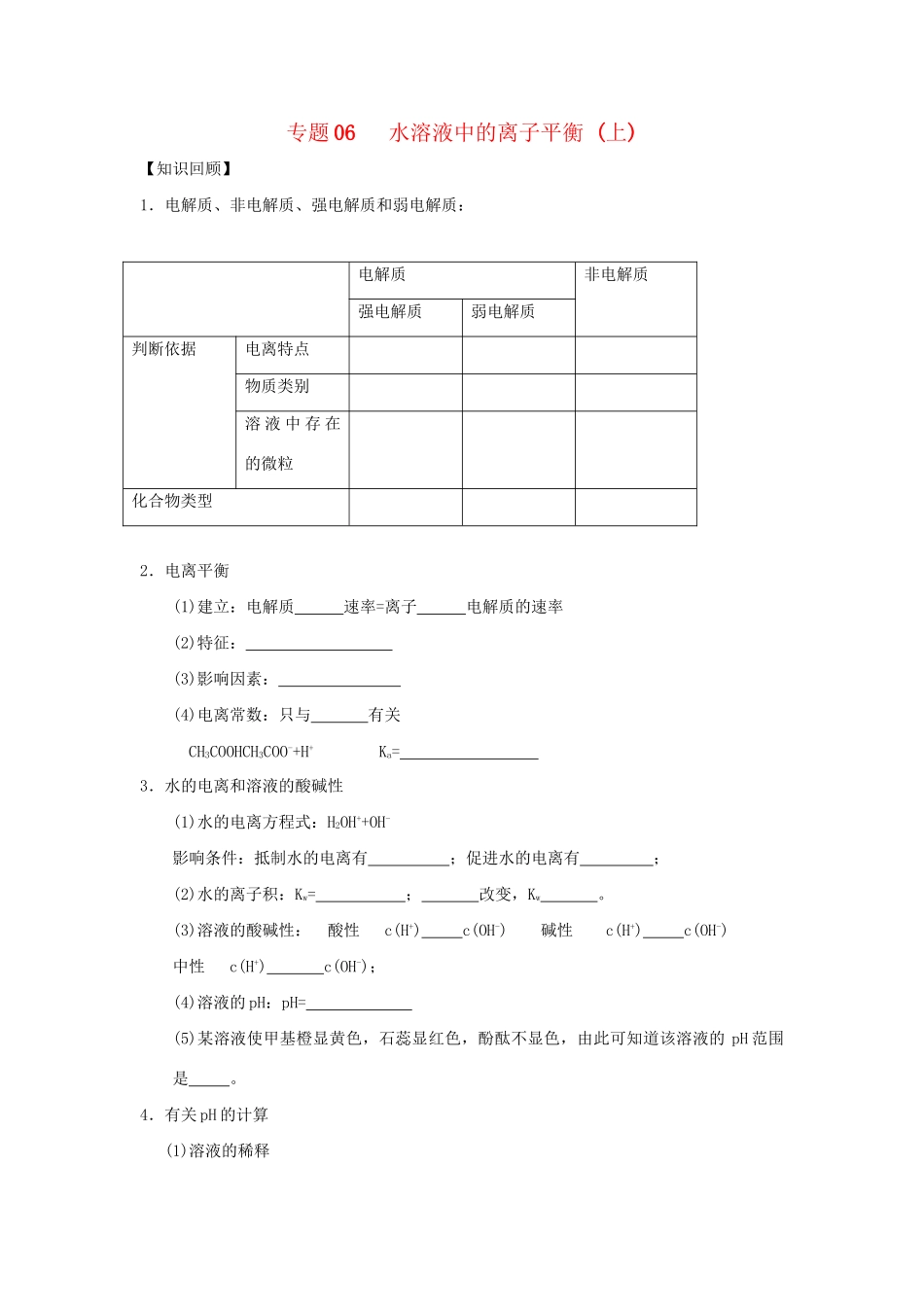 高二化学 专题06 水溶液中的离子平衡（上）暑假作业（含解析）-人教版高二化学试题_第1页