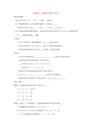 高二化学 专题12 溶液中的离子共存暑假作业（含解析）-人教版高二化学试题