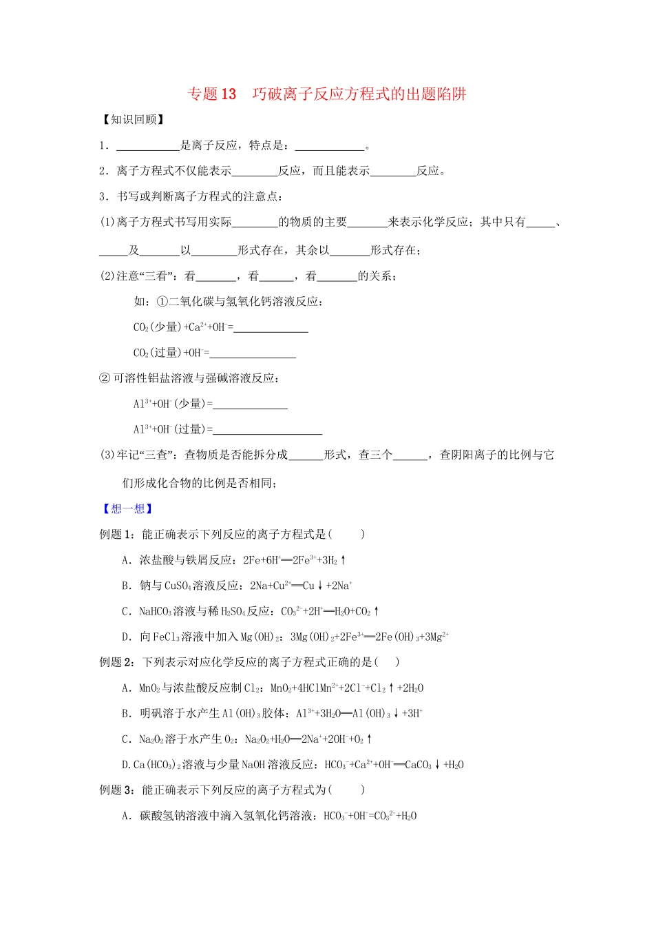高二化学 专题13 巧破离子反应方程式的出题陷阱暑假作业（含解析）-人教版高二化学试题_第1页