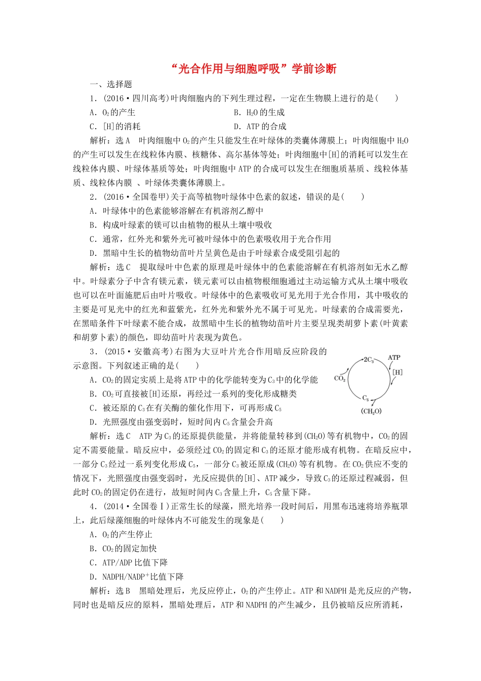 高考生物二轮复习 光合作用与细胞呼吸学前诊断-人教版高三生物试题_第1页