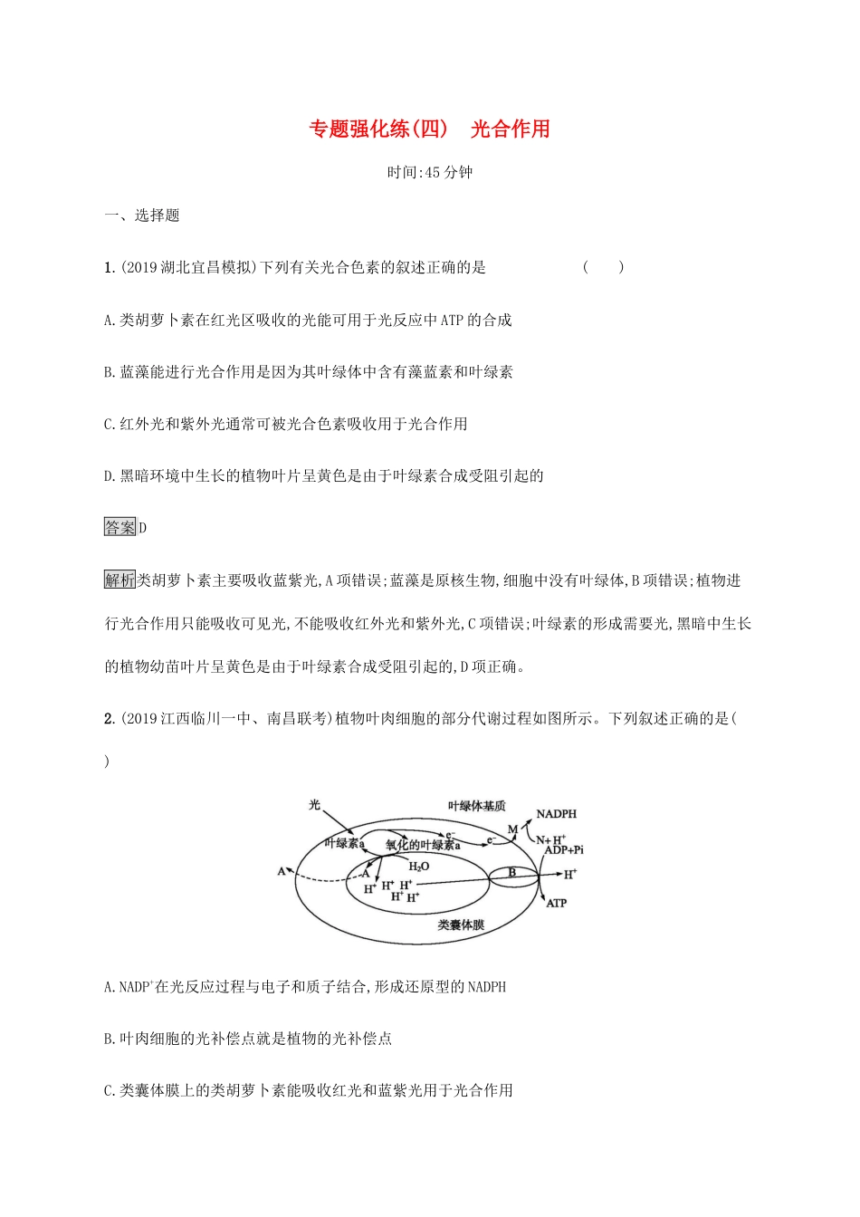 高考生物二轮复习 专题强化练（四）光合作用（含解析）-人教版高三生物试题_第1页