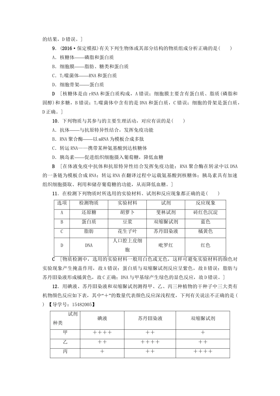 高考生物二轮复习 专题限时集训1 第1部分 板块1 专题1 细胞的物质基础-人教版高三生物试题_第3页