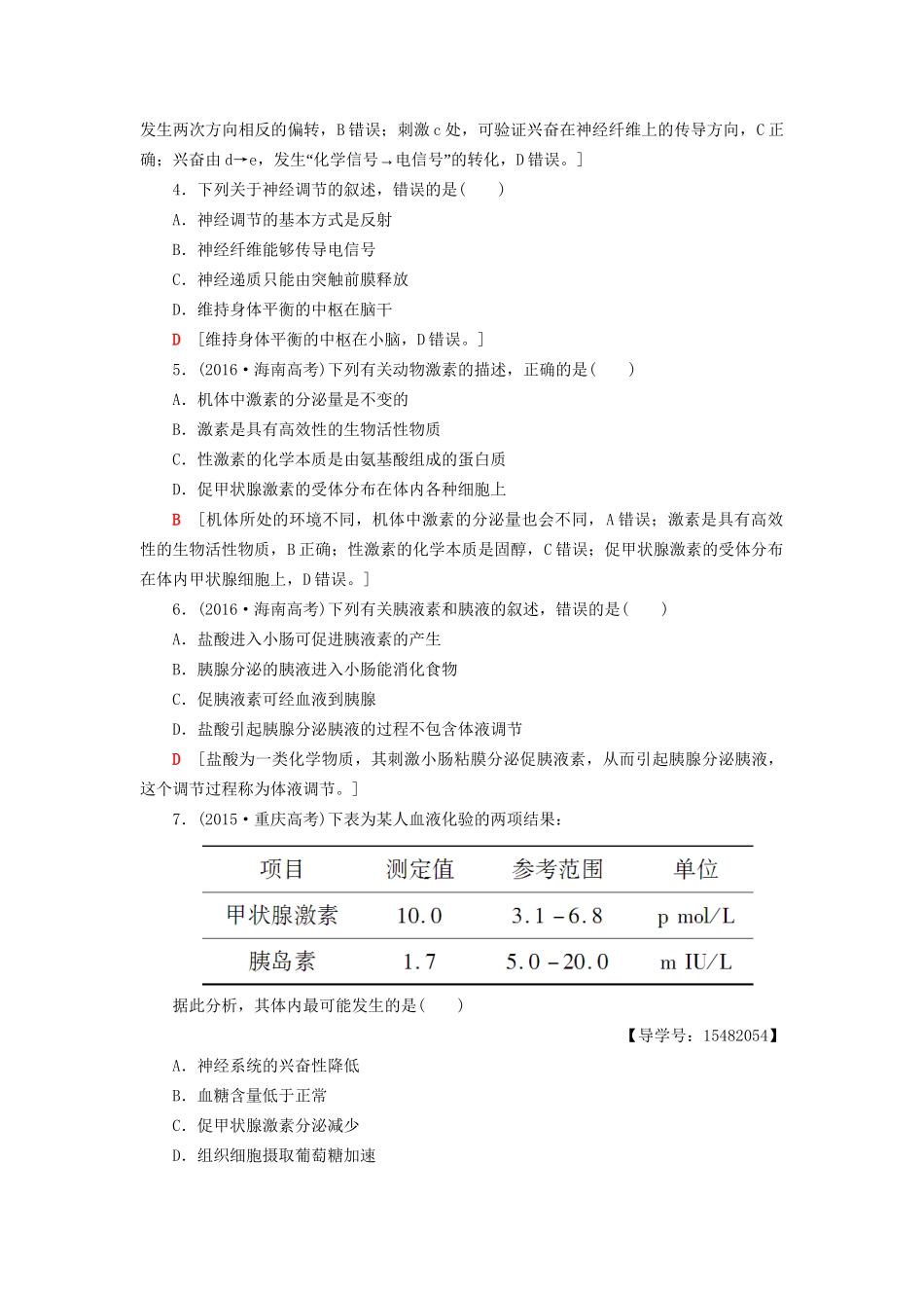 高考生物二轮复习 专题限时集训9 第1部分 板块3 专题9 动物和人体生命活动的调节-人教版高三生物试题_第2页