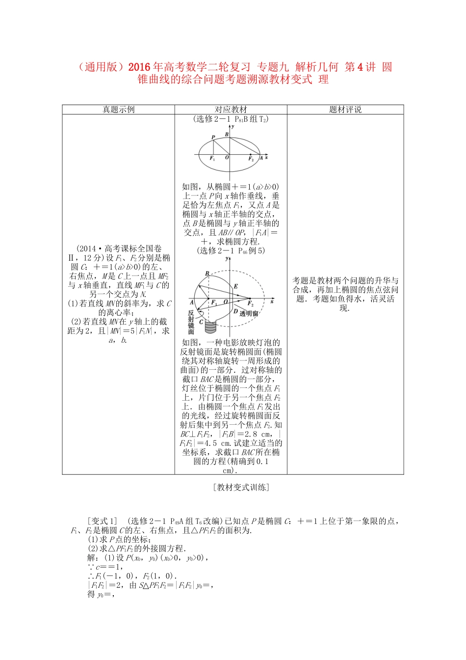 高考数学二轮复习 专题九 解析几何 第4讲 圆锥曲线的综合问题考题溯源变式 理-人教版高三数学试题_第1页