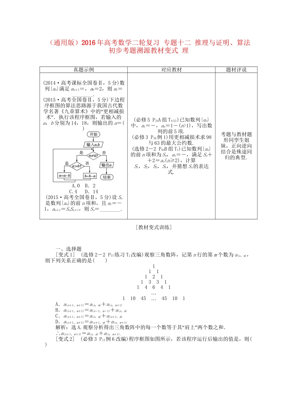 高考数学二轮复习 专题十二 推理与证明、算法初步考题溯源变式 理-人教版高三数学试题_第1页