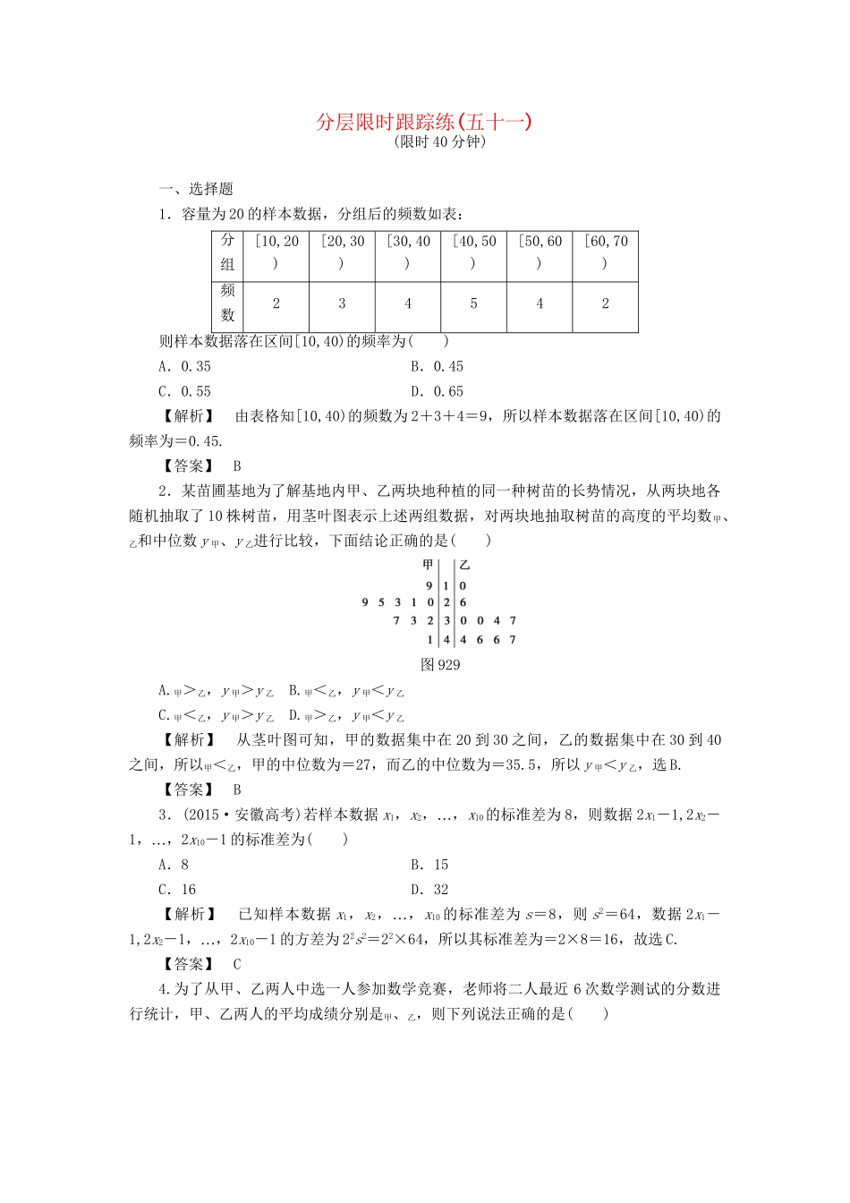 高考数学一轮复习 第九章 统计与统计案例 分层限时跟踪练51-人教版高三数学试题_第1页