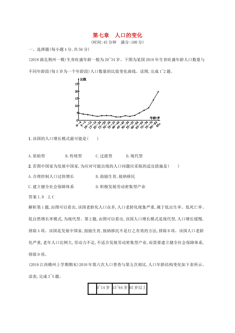 高考地理总复习 第七章 人口的变化单元质检卷-人教版高三地理试题_第1页