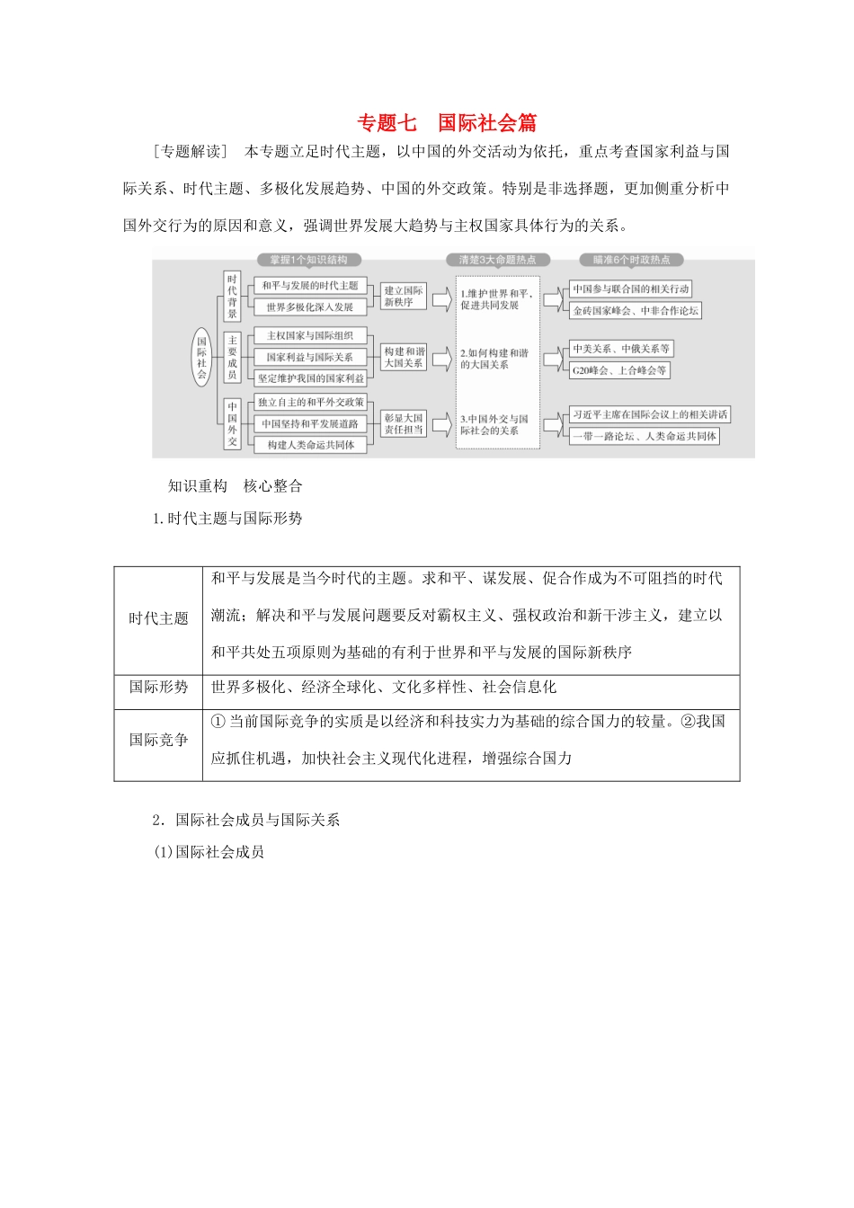 高考政治二轮复习 专题培优第一编 专题七 国际社会篇作业（含解析）-人教版高三政治试题_第1页