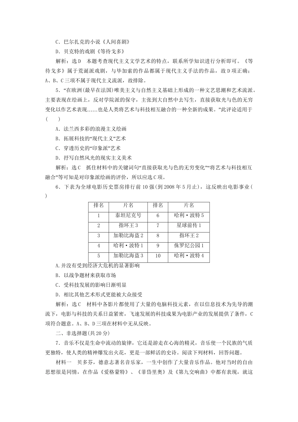 高考历史总复习 课时检测（四十四）19世纪以来的世界文学艺术-人教版高三历史试题_第2页