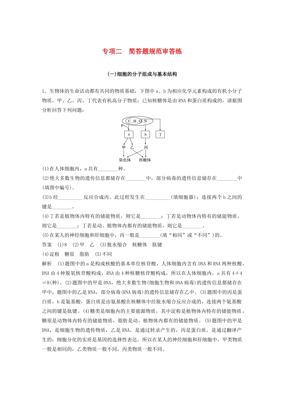 高考生物三轮冲刺 抢分专项练 专项二 简答题规范审答练（一）细胞的分子组成与基本结构（含解析）-人教版高三生物试题_第1页
