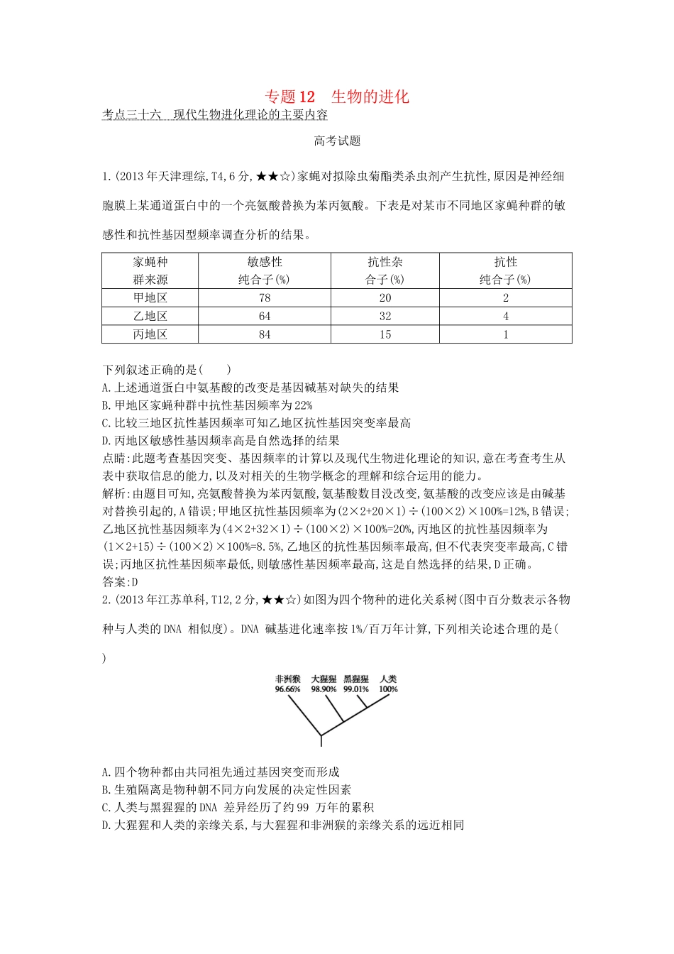 高考生物一轮复习高考题分类汇编 第6单元 变异、育种与进化 专题12 生物的进化（必修2）-人教版高三必修2生物试题_第1页