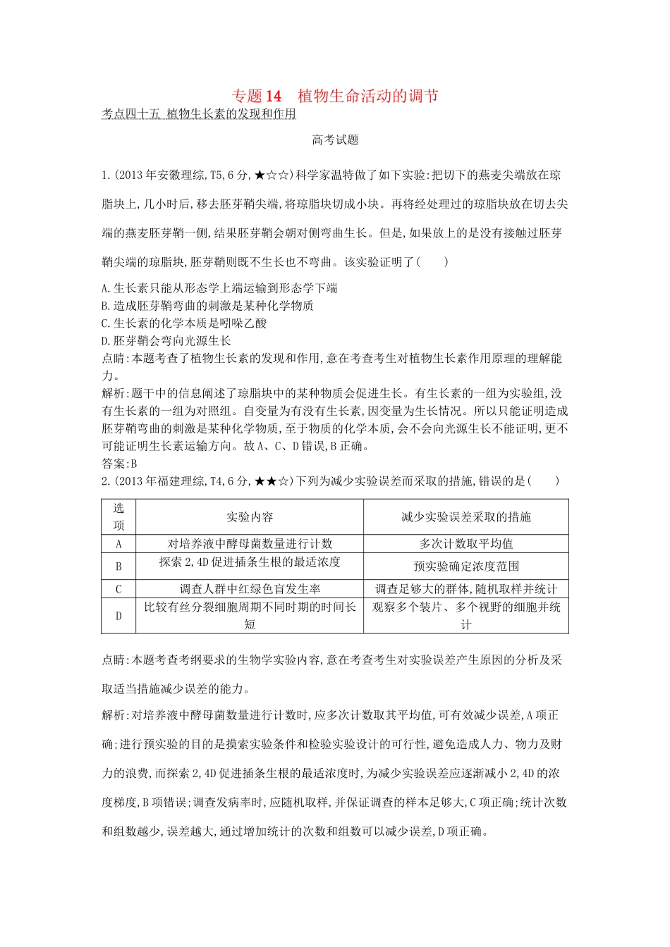 高考生物一轮复习高考题分类汇编 第7单元 生命活动的调节 专题14 植物生命活动的调节（必修3）-人教版高三必修3生物试题_第1页