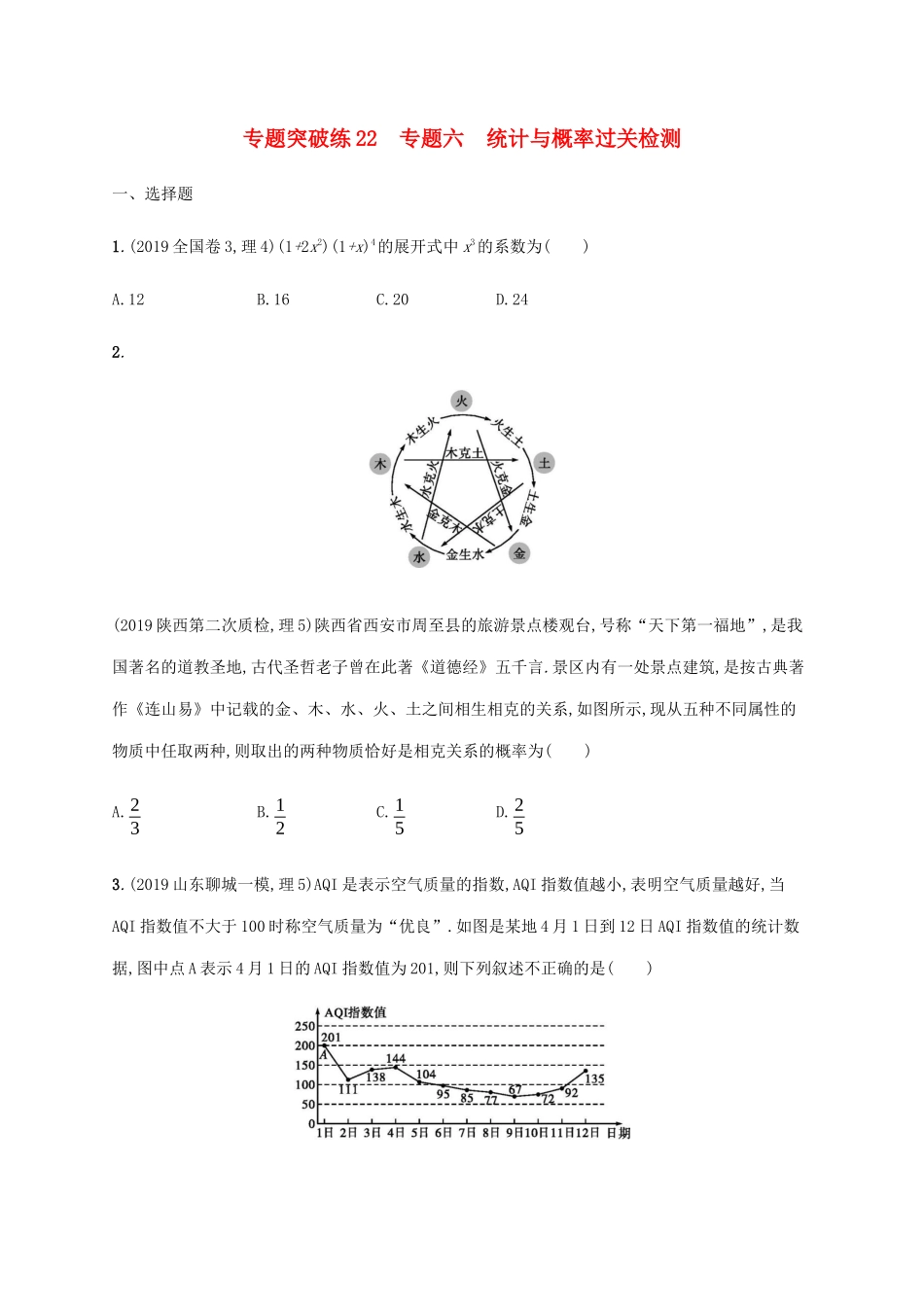 高考数学大二轮复习 专题突破练22 专题六 统计与概率过关检测 理-人教版高三数学试题_第1页