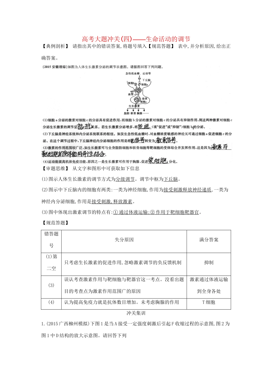 高考生物一轮复习 高考大题冲关（四）生命活动的调节-人教版高三生物试题_第1页