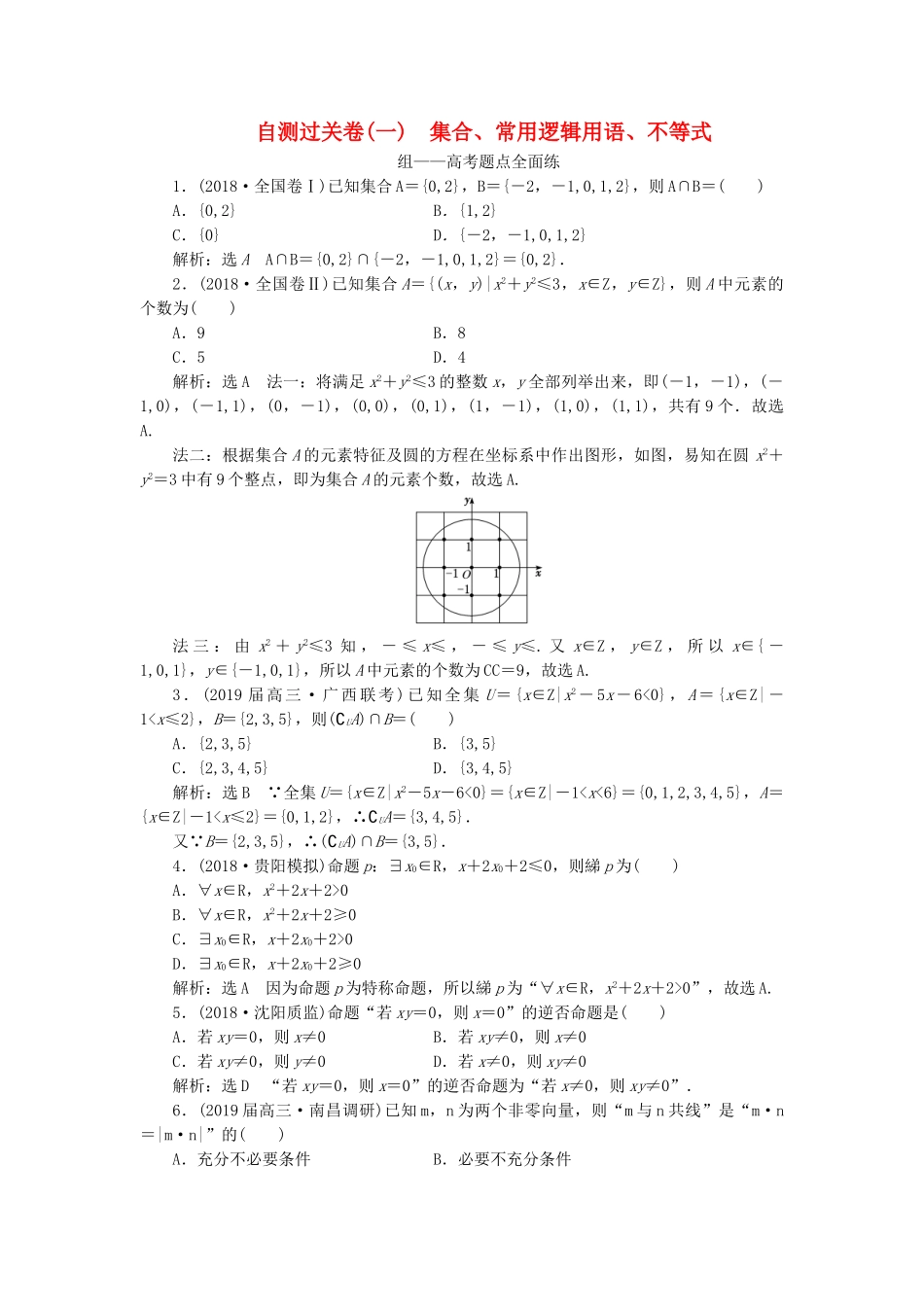 高考数学二轮复习 自测过关卷（一）集合、常用逻辑用语、不等式 理（重点生，含解析）-人教版高三数学试题_第1页