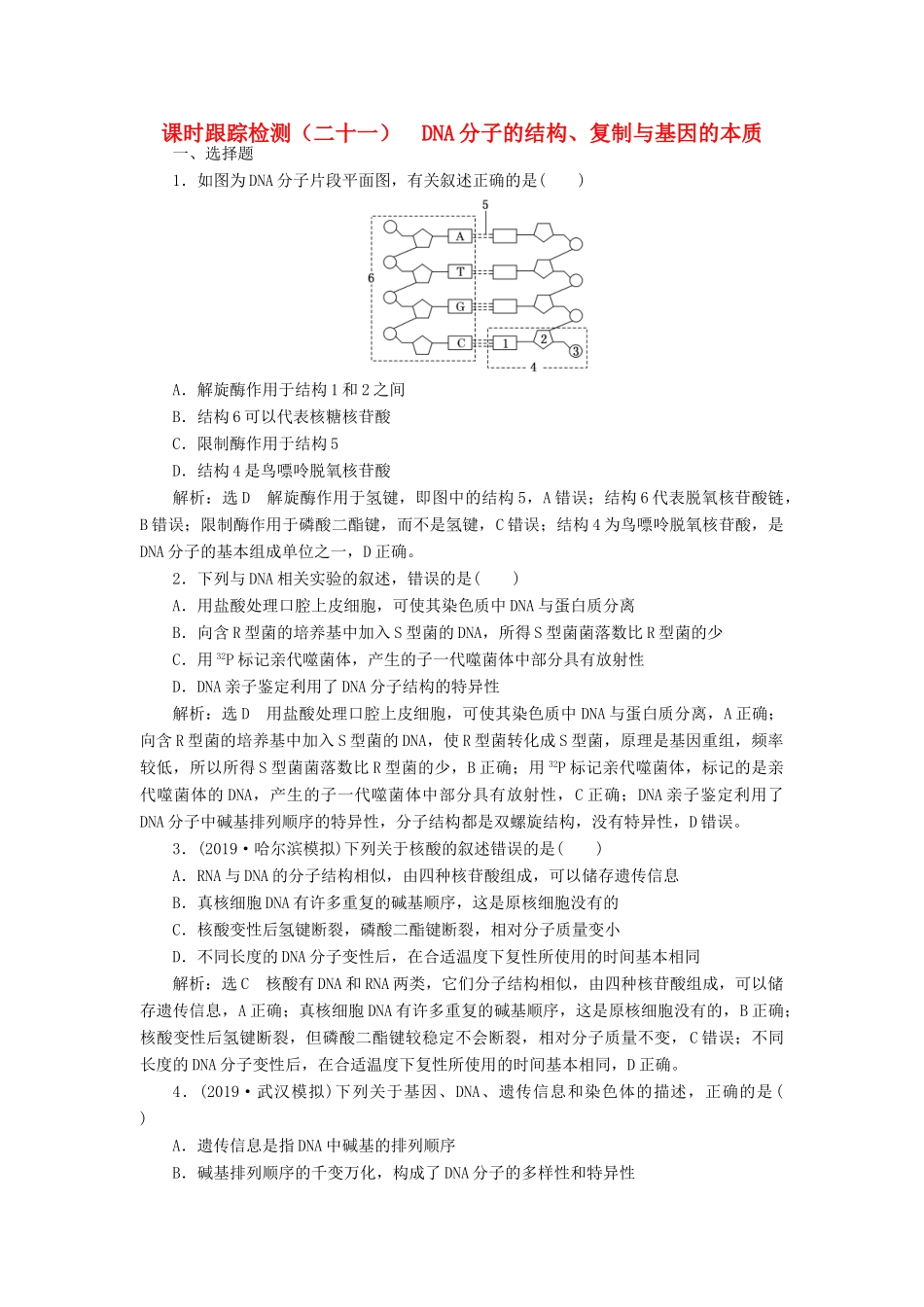 高考生物一轮复习 课时跟踪检测（二十一）DNA分子的结构、复制与基因的本质（含解析）-人教版高三生物试题_第1页